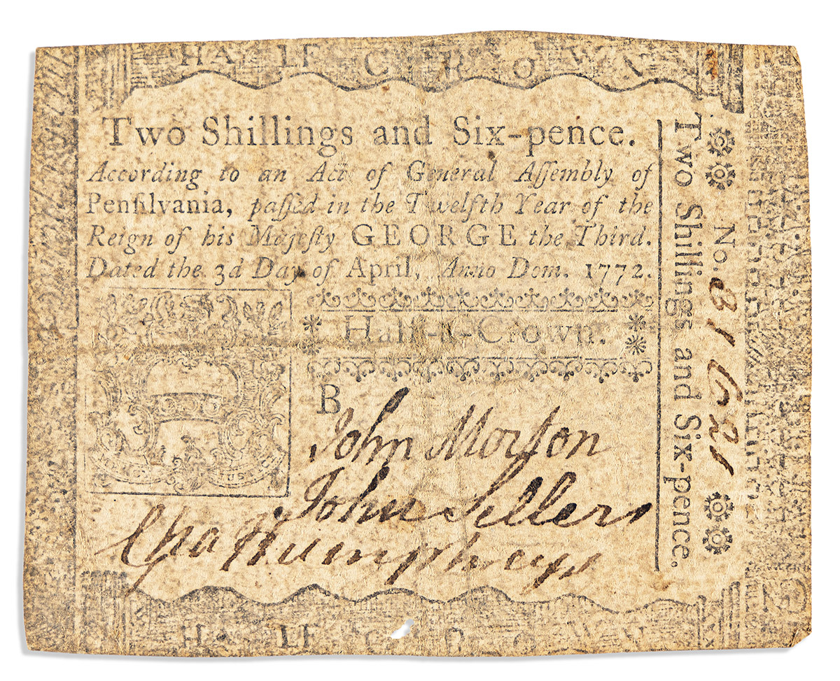 MORTON, JOHN. Colonial banknote Signed, engraved two shillings and sixpence note issued by the Colony of Pennsylvania.
